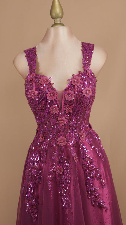 Vestido largo corte princesa de tull con aplicación