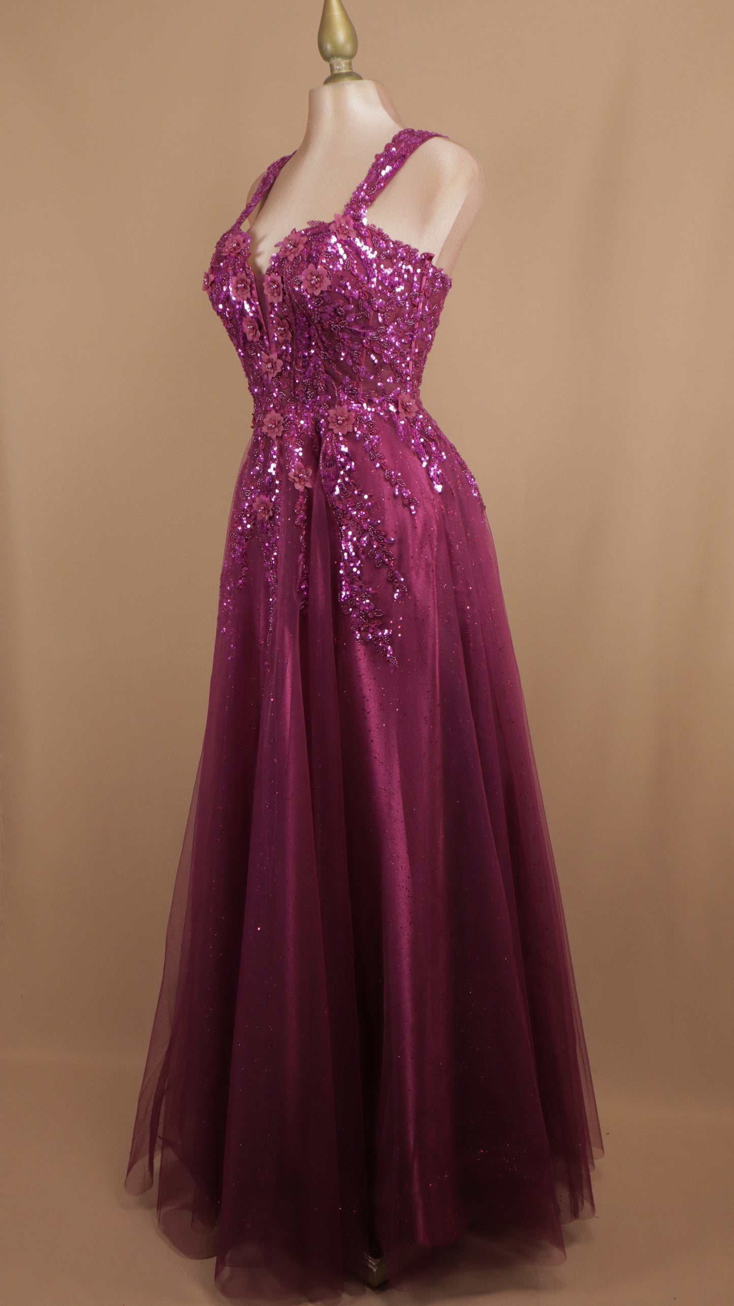 Vestido largo corte princesa de tull con aplicación