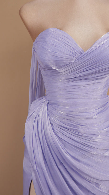 Vestido largo estraple drapeado con estola en cuello