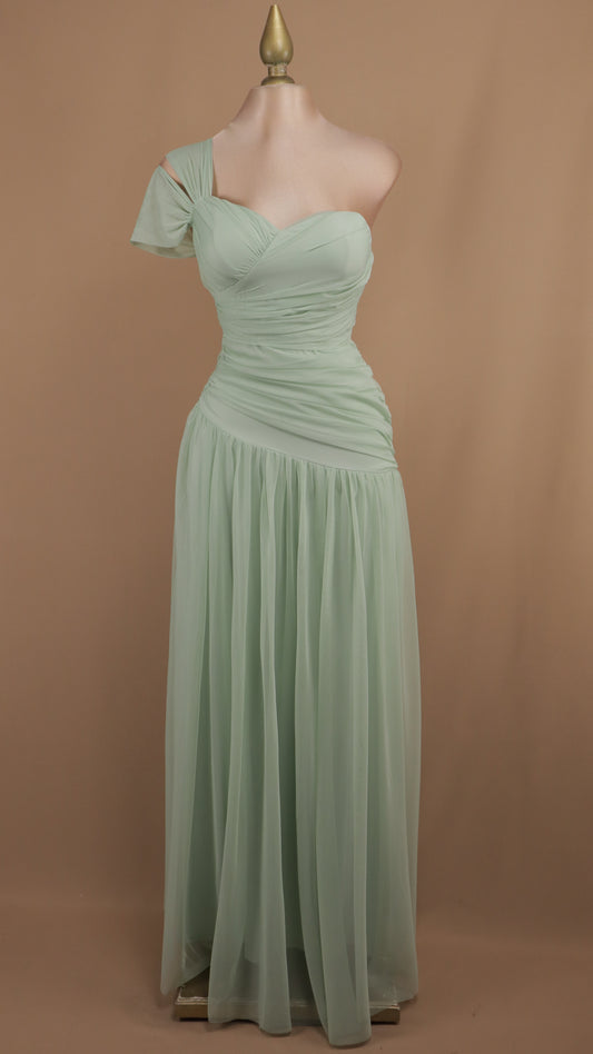 Vestido largo de pliegues en línea A y asimétrico