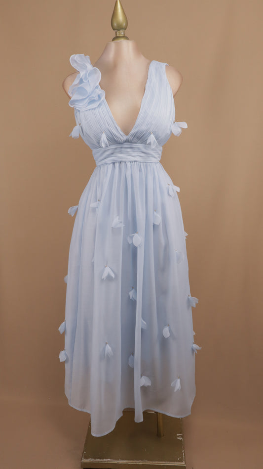 Vestido midi escote en V con flor en 3D