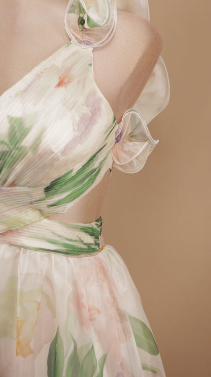 Vestido largo estampado con escarolas y escote en V