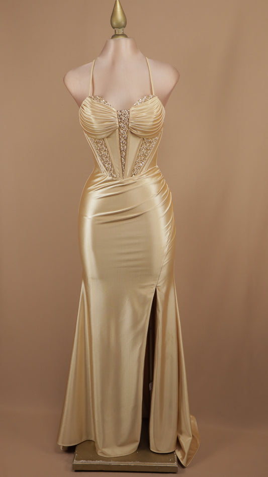 Vestido largo con corset y aplicación en busto