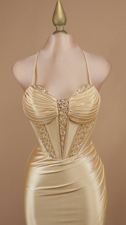 Vestido largo con corset y aplicación en busto