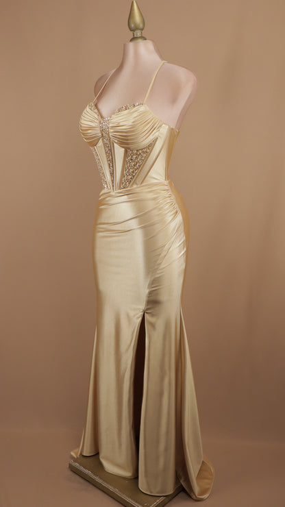 Vestido largo con corset y aplicación en busto