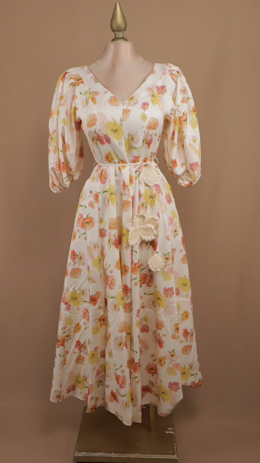 Vestido midi estampado con manga y cinto