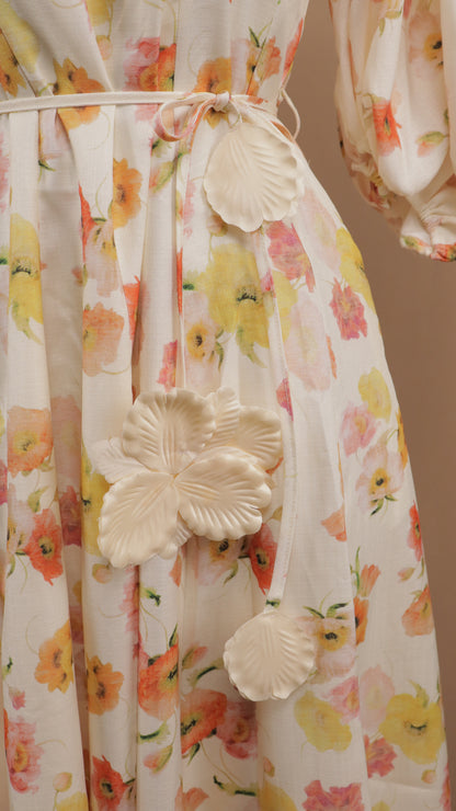 Vestido midi estampado con manga y cinto