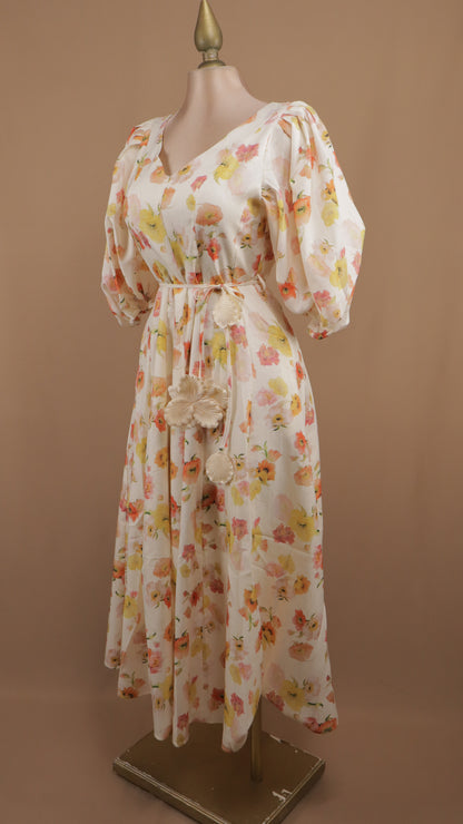 Vestido midi estampado con manga y cinto