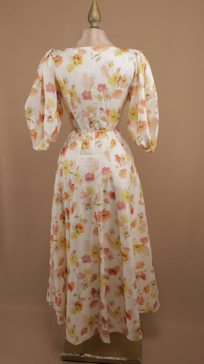 Vestido midi estampado con manga y cinto