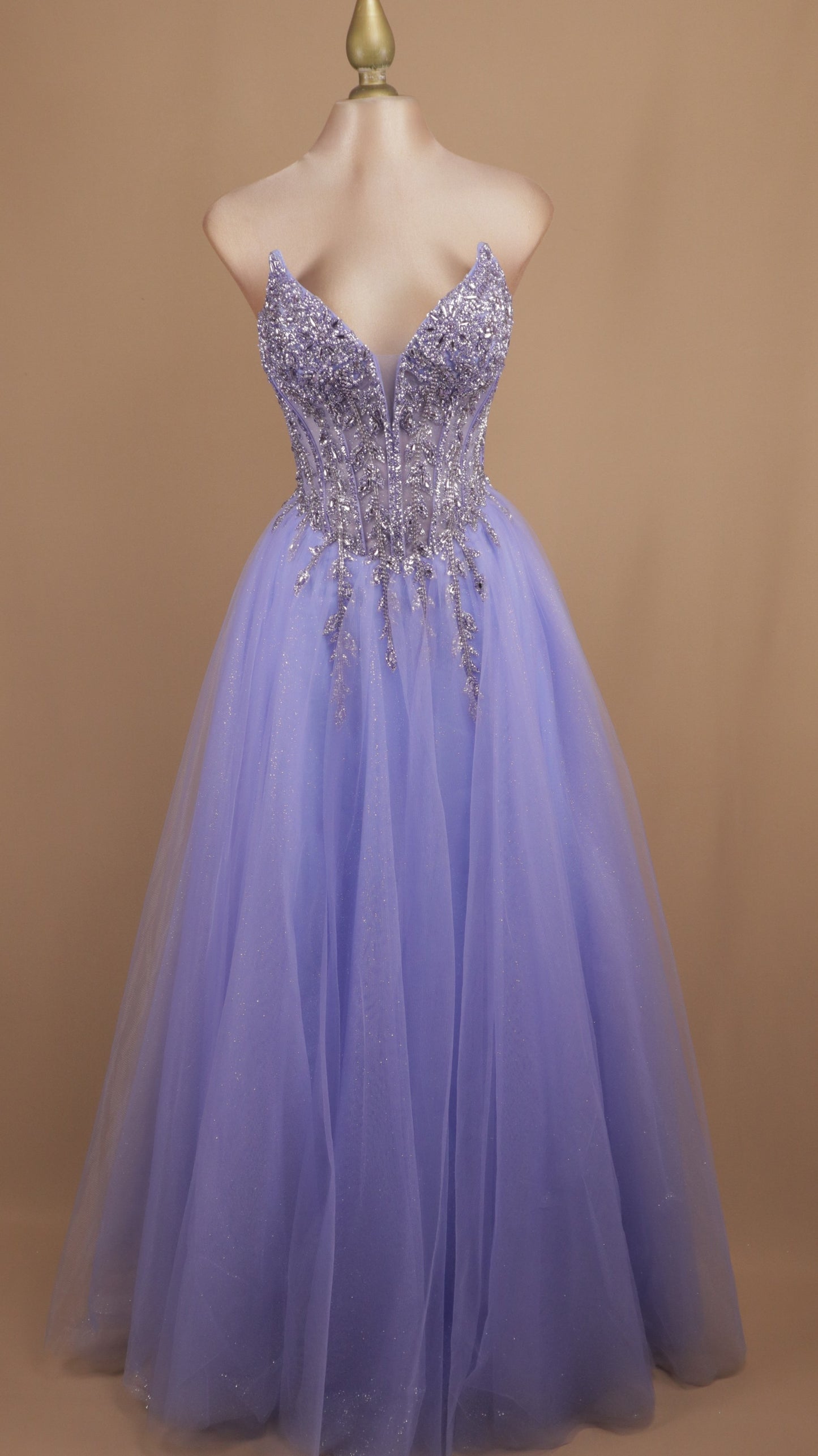 Vestido largo corte princesa con aplicación y estraple