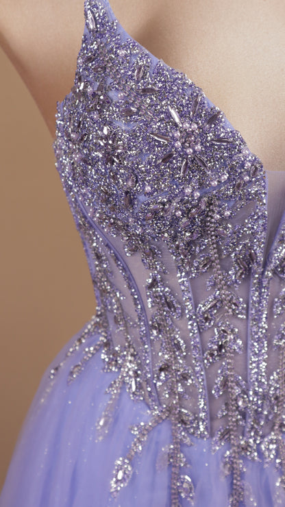 Vestido largo corte princesa con aplicación y estraple