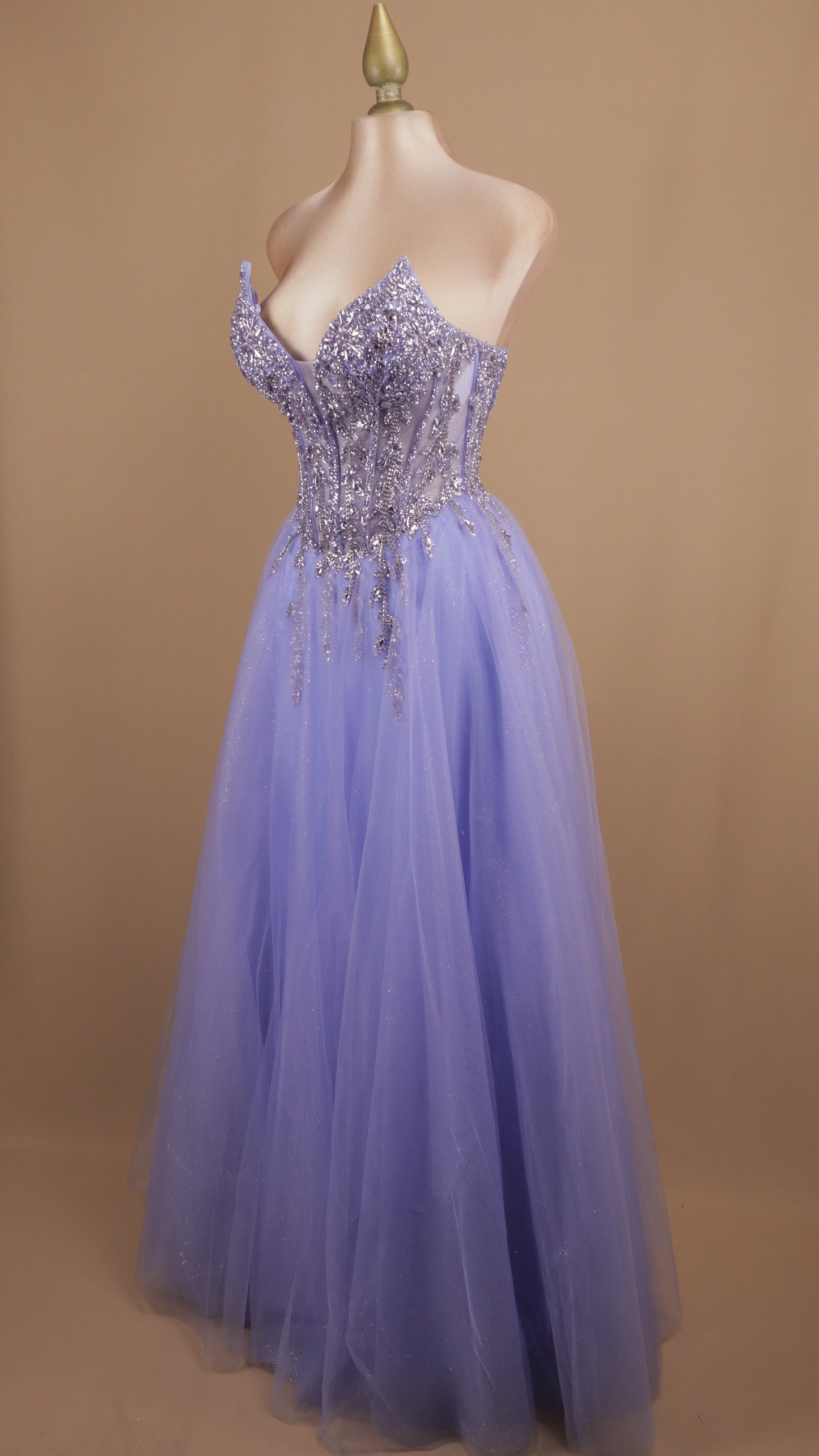 Vestido largo corte princesa con aplicación y estraple