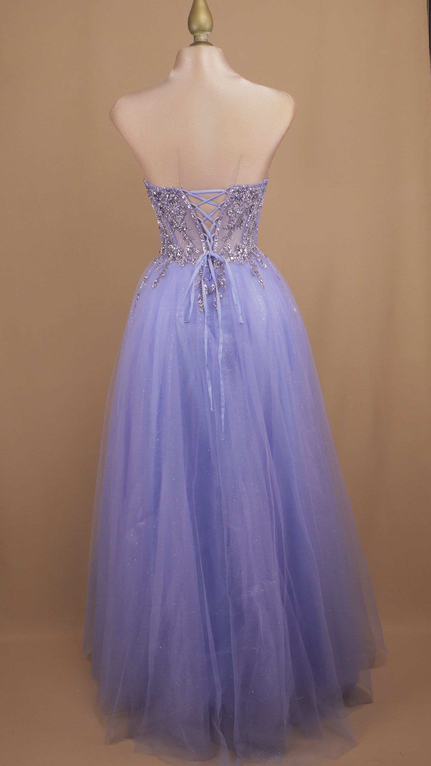 Vestido largo corte princesa con aplicación y estraple
