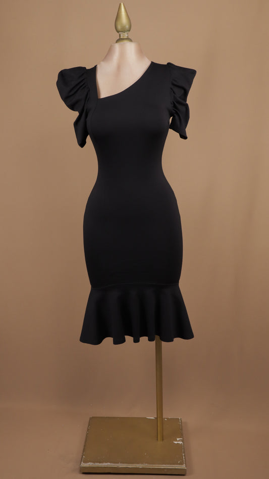 Vestido midi con manga y y terminación de falda circular