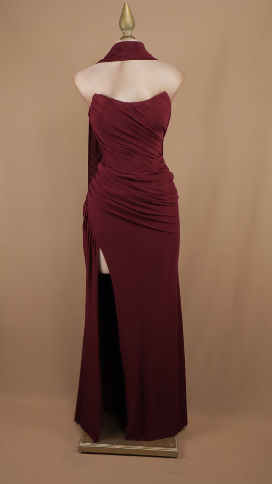 Vestido largo drapeado en cintura con corset