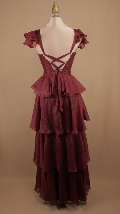Vestido largo con olanes en falda y corset