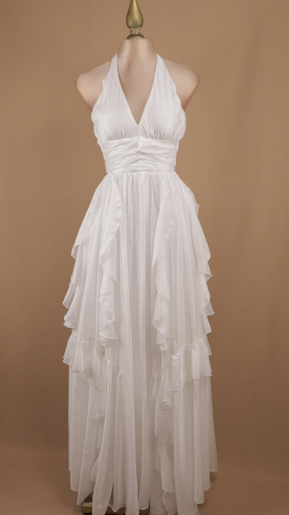 Vestido largo cuello halter con escarolas