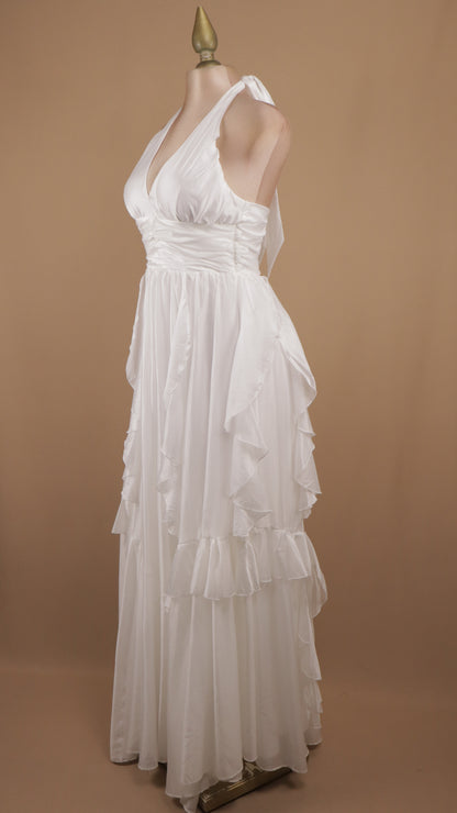 Vestido largo cuello halter con escarolas