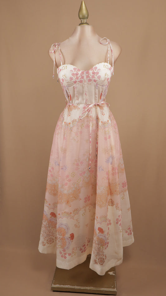 Vestido midi estampado con perlas doradas en tirantes