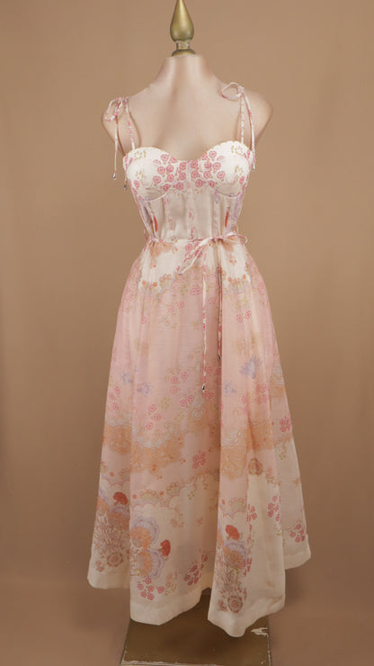 Vestido midi estampado con perlas doradas en tirantes