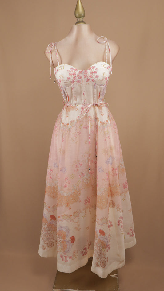 Vestido midi estampado con perlas doradas en tirantes