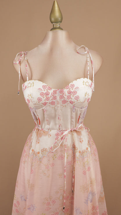 Vestido midi estampado con perlas doradas en tirantes