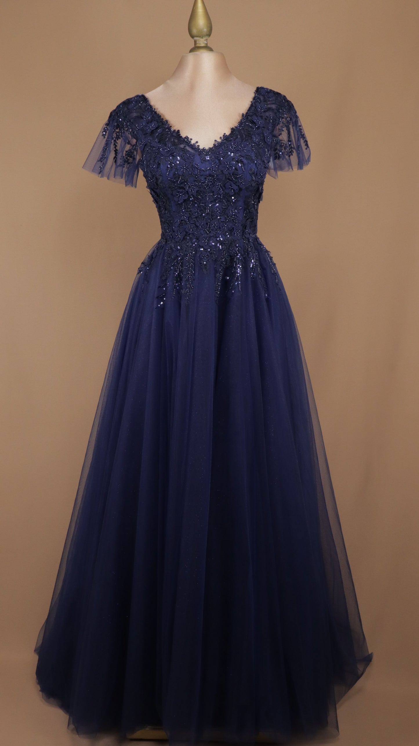 Vestido largo de tul con manga y aplicación