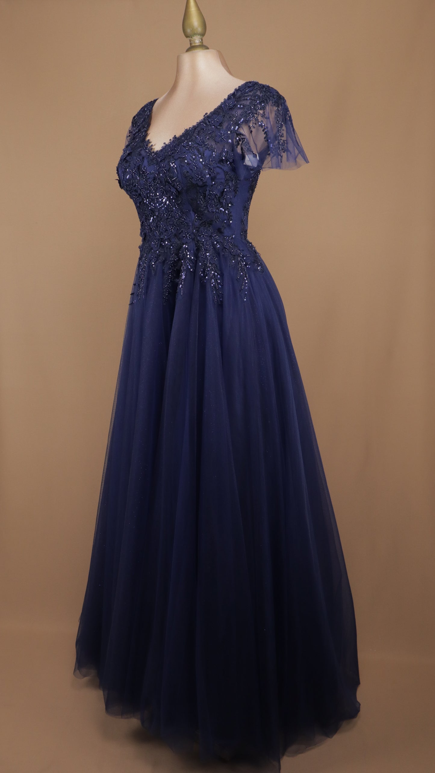 Vestido largo de tul con manga y aplicación