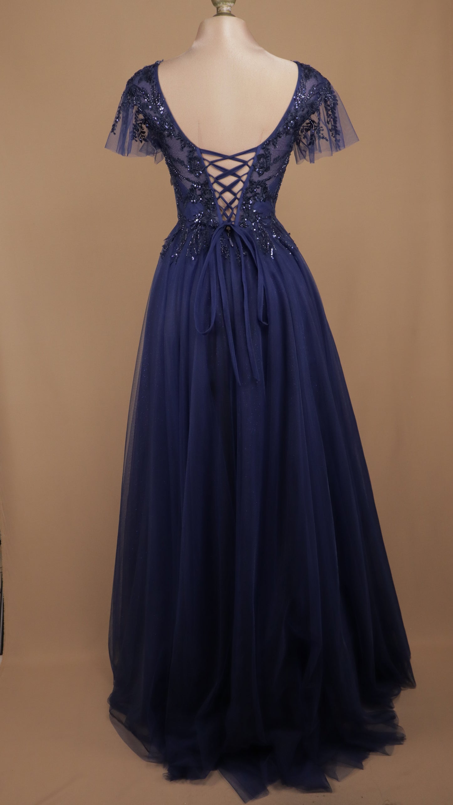 Vestido largo de tul con manga y aplicación