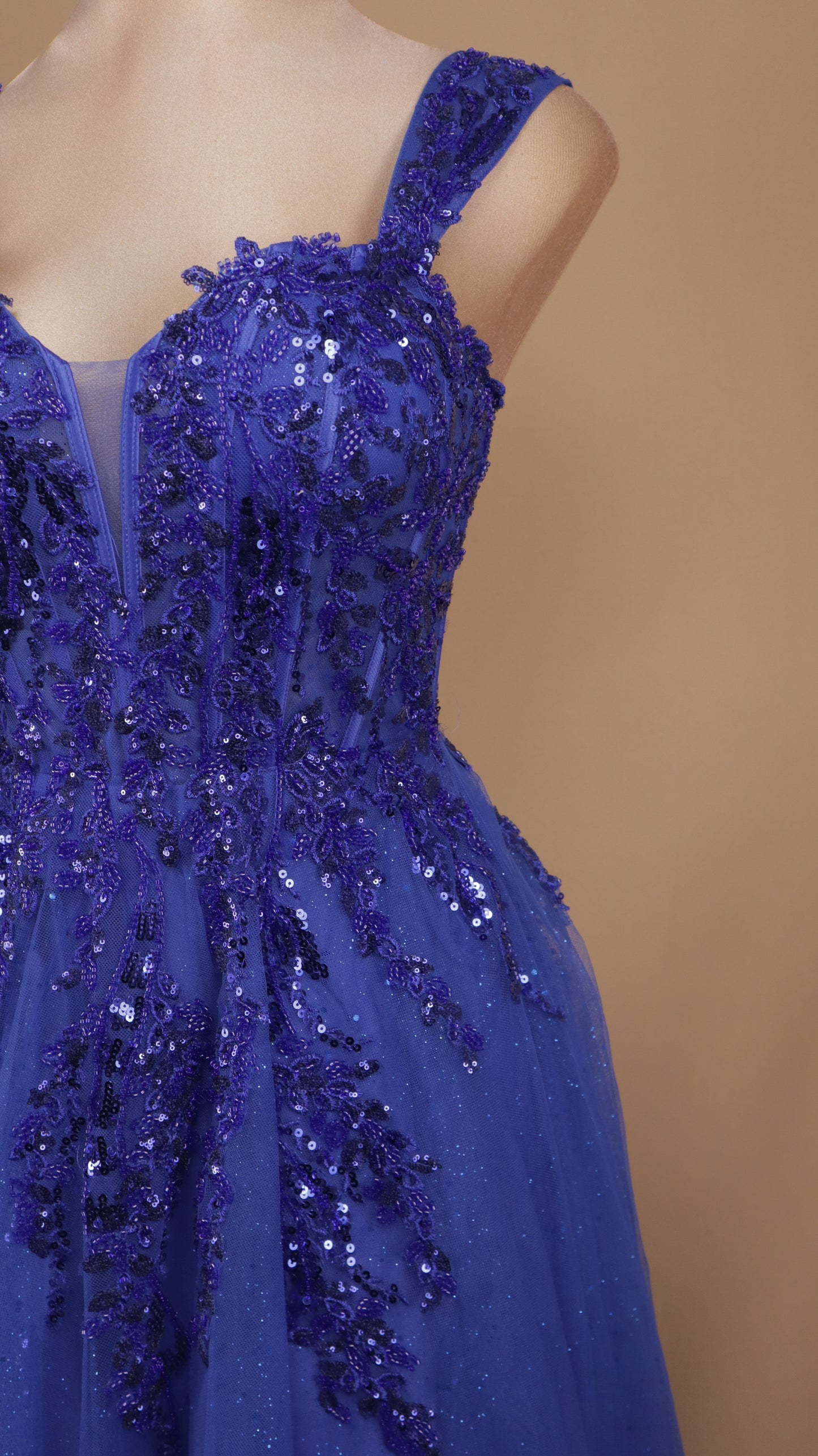 Vestido largo corte princesa de tull con aplicación