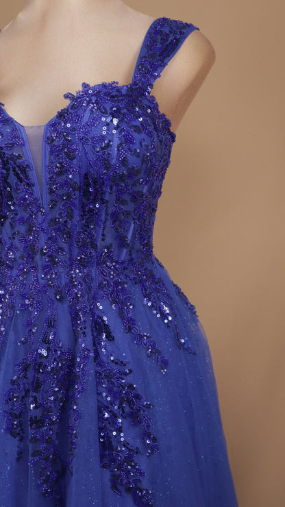 Vestido largo corte princesa de tull con aplicación