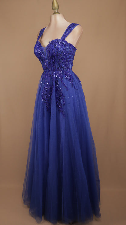 Vestido largo corte princesa de tull con aplicación