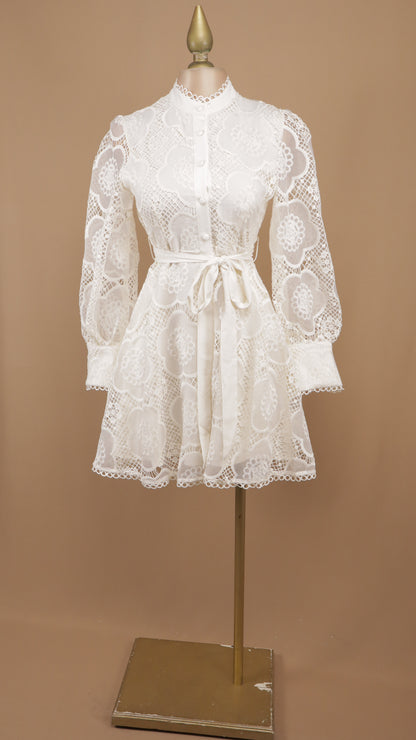 Vestido midi manga farol con encaje