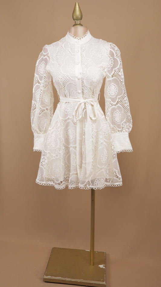 Vestido midi manga farol con encaje