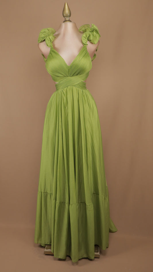 Vestido largo con escote en la espalda y escarola