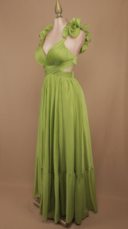 Vestido largo con escote en la espalda y escarola