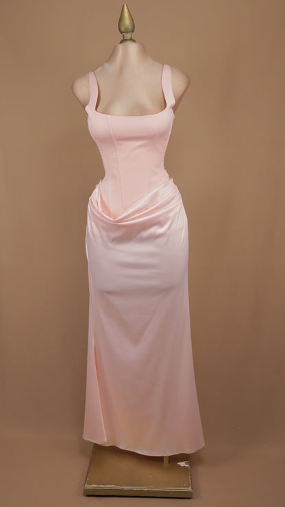 Vestido largo con corset y pliegues en cintura
