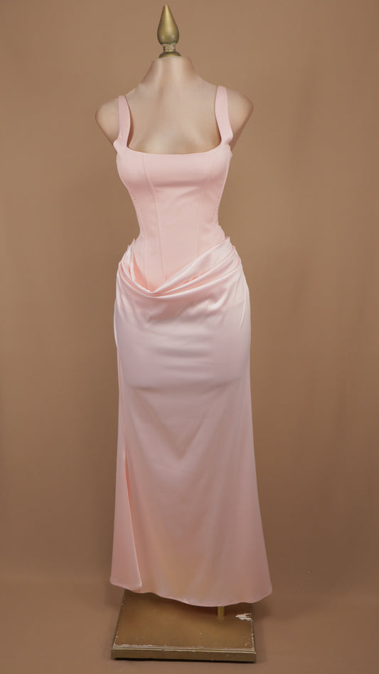 Vestido largo con corset y pliegues en cintura