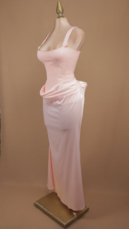 Vestido largo con corset y pliegues en cintura