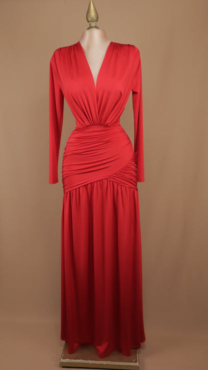 Vestido largo de licra manga larga escote en V