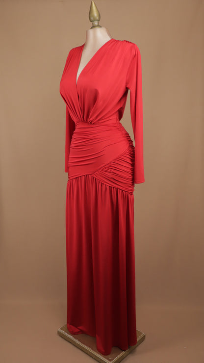 Vestido largo de licra manga larga escote en V