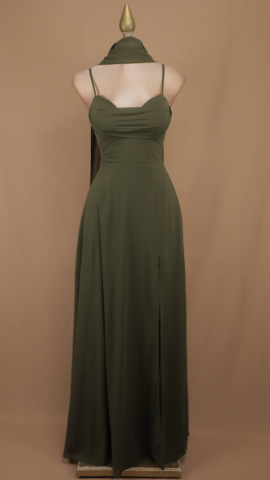 Vestido maxi de gala con escote drapeado, abertura y fular a juego