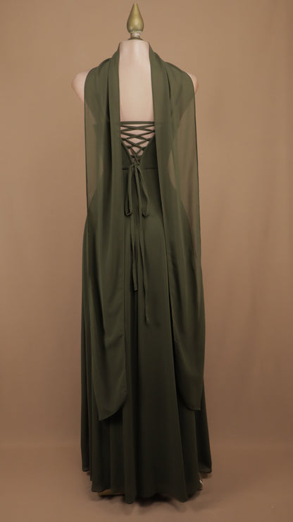 Vestido maxi de gala con escote drapeado, abertura y fular a juego