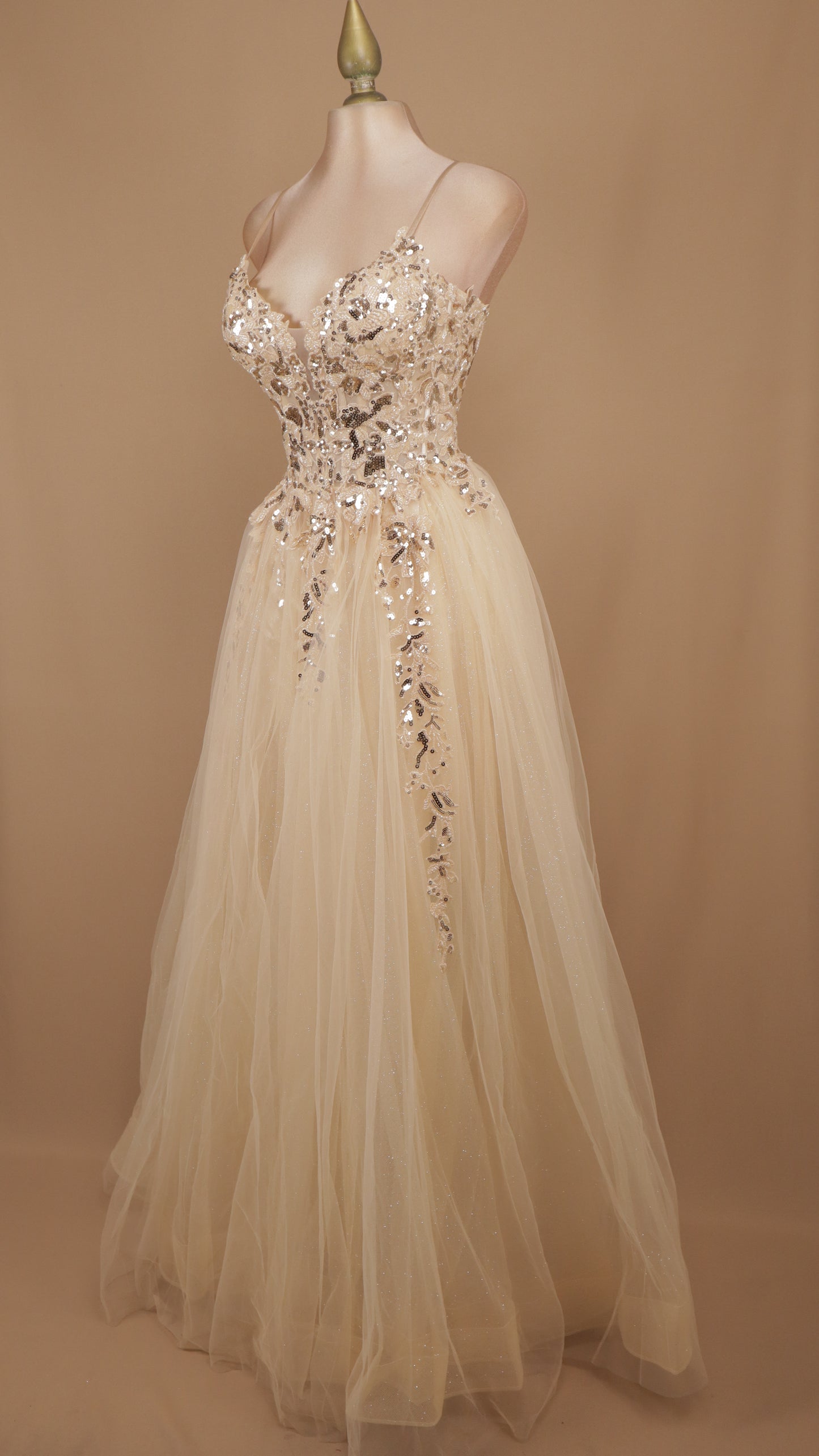 Vestido largo de tull corte princesa con aplicación