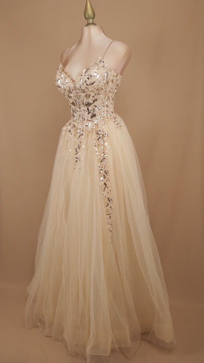 Vestido largo de tull corte princesa con aplicación