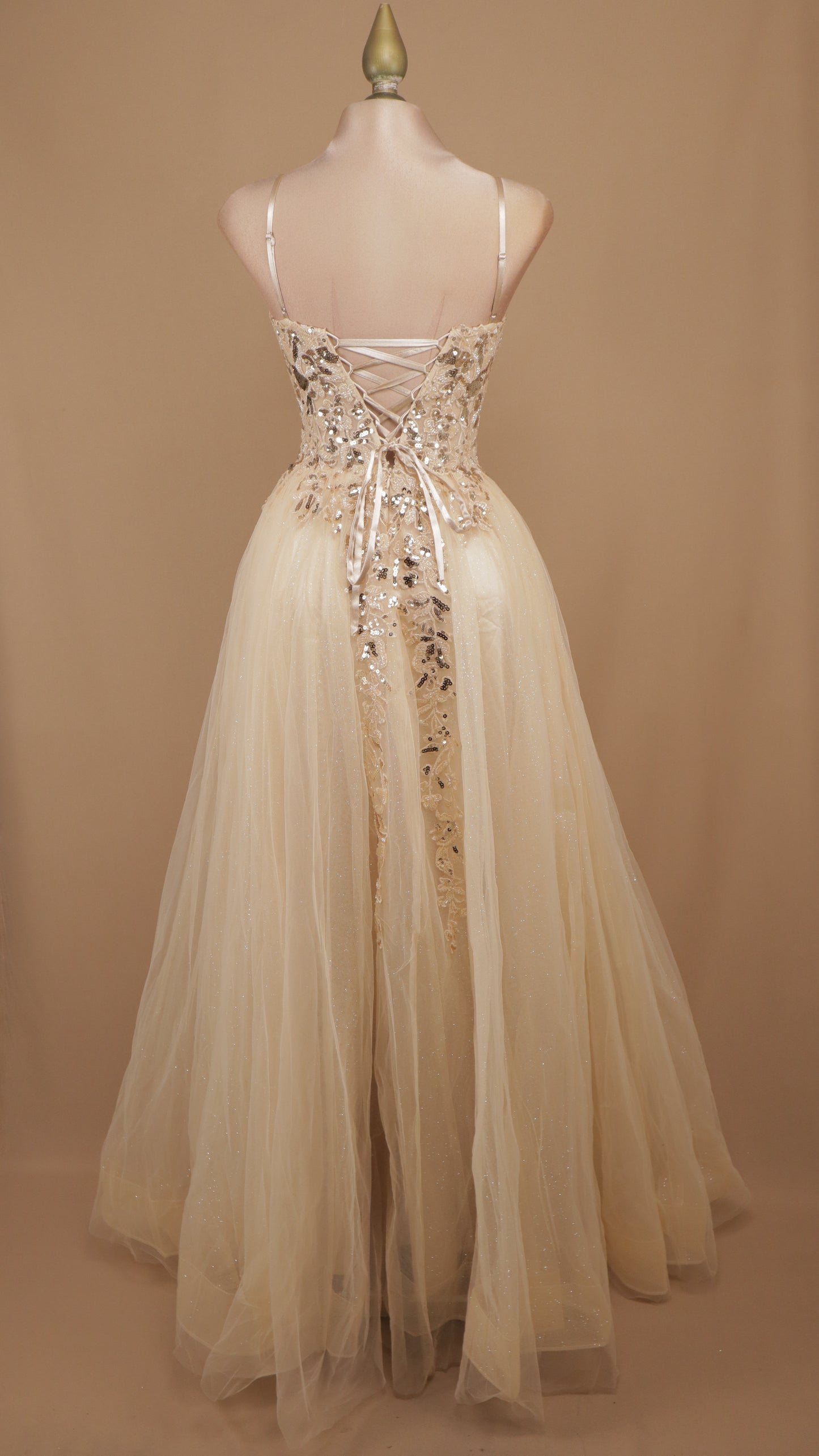 Vestido largo de tull corte princesa con aplicación