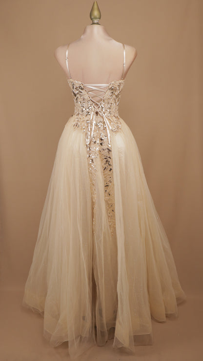 Vestido largo de tull corte princesa con aplicación