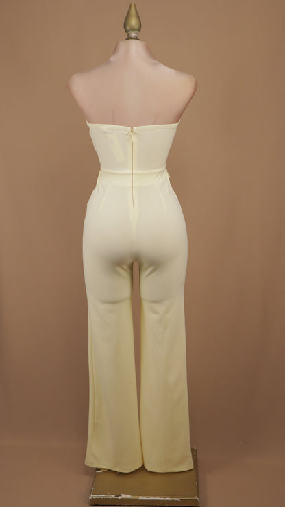 Palazzo sastrero strapless con top tipo chaleco y botones dorados