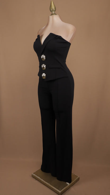Palazzo sastrero strapless con top tipo chaleco y botones dorados