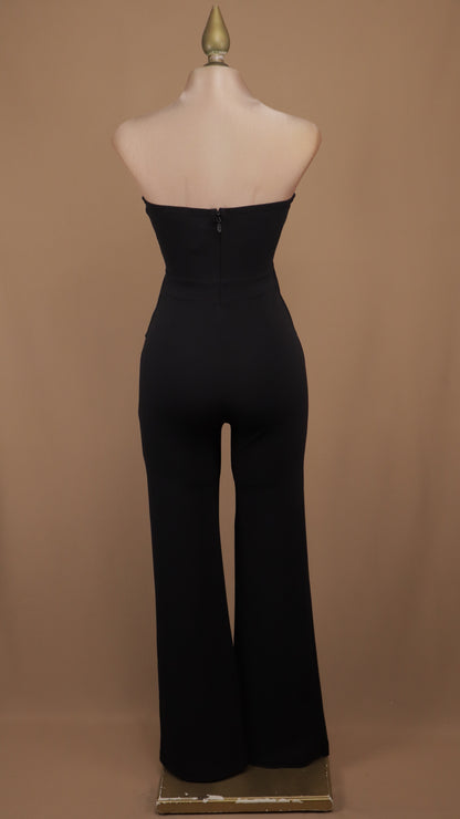 Palazzo sastrero strapless con top tipo chaleco y botones dorados